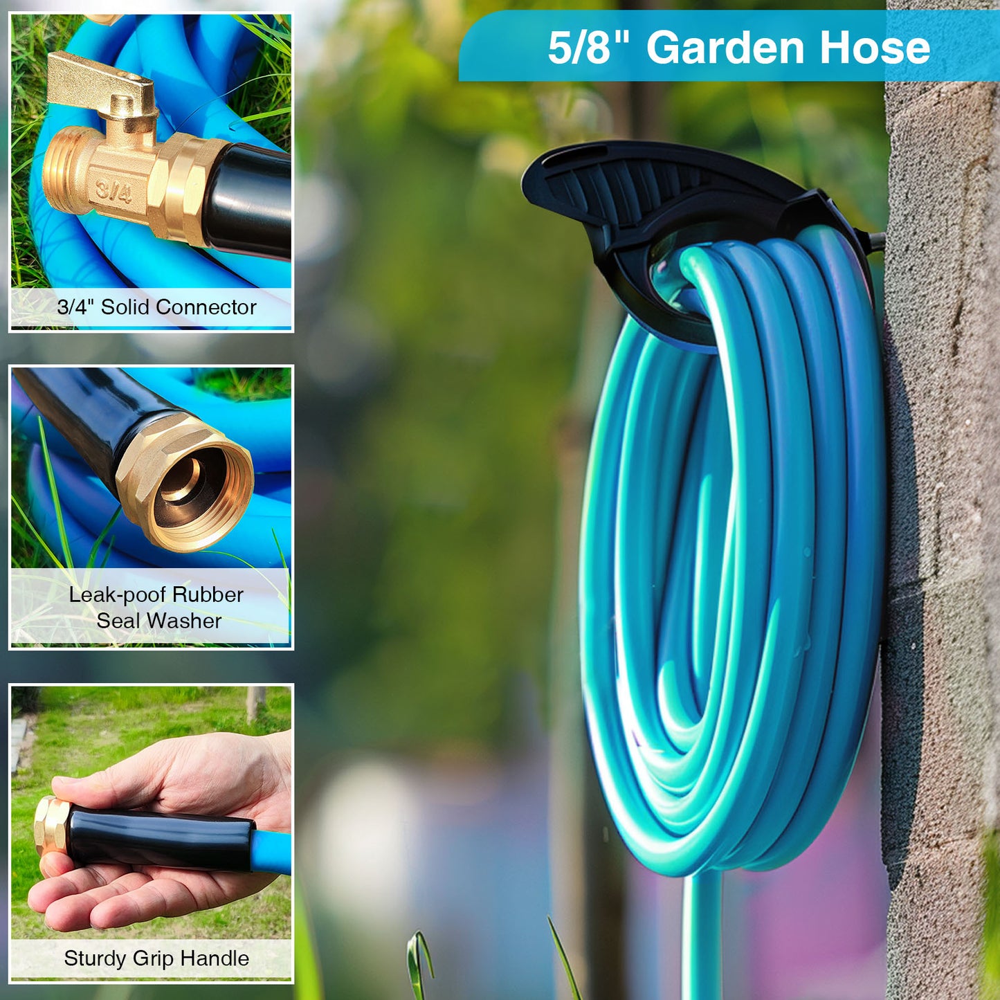 Ganewry Garden Hose 5/8 in x 50 ft, Hybrid Polymer Water Hose with 10 Function Nozzle