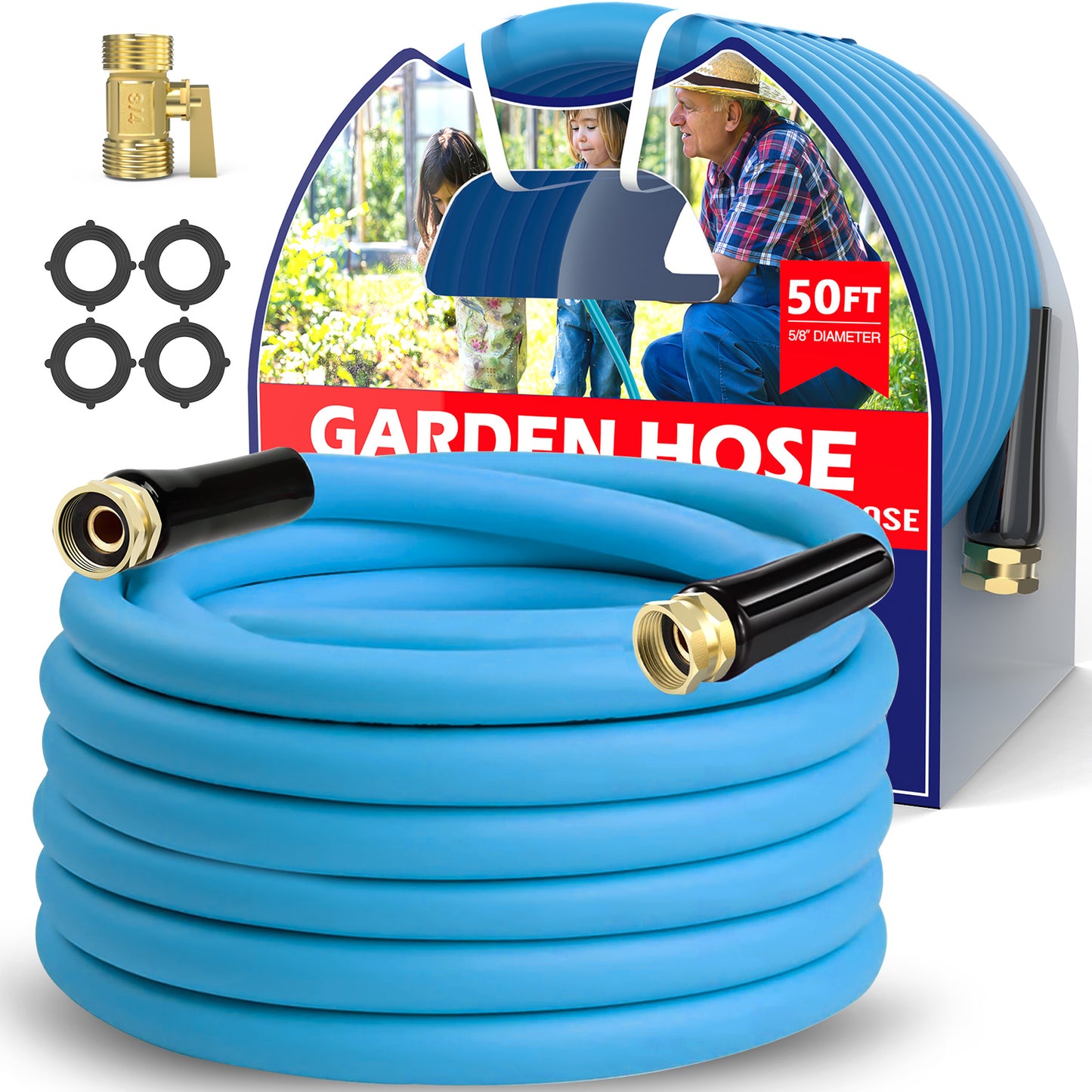 Ganewry Garden Hose 5/8 in x 50 ft, Hybrid Polymer Water Hose with 10 Function Nozzle